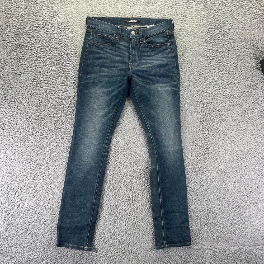 Express Jeans Mens 29x30 Blue Cotton Denim Skinny Leg Faded Whiskered Stretch